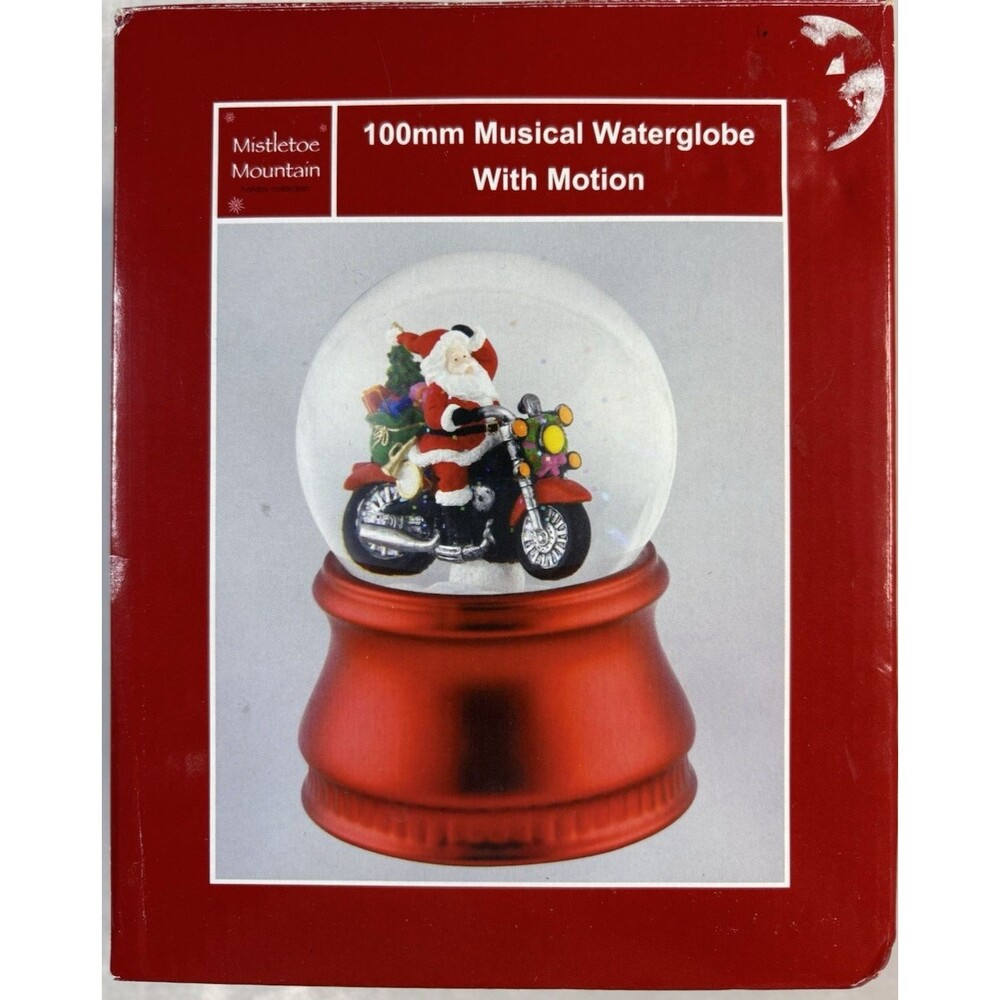 Mistletoe Mountain Musical Water Globe Santa on Motorcycle Motion Wind-Up NIB